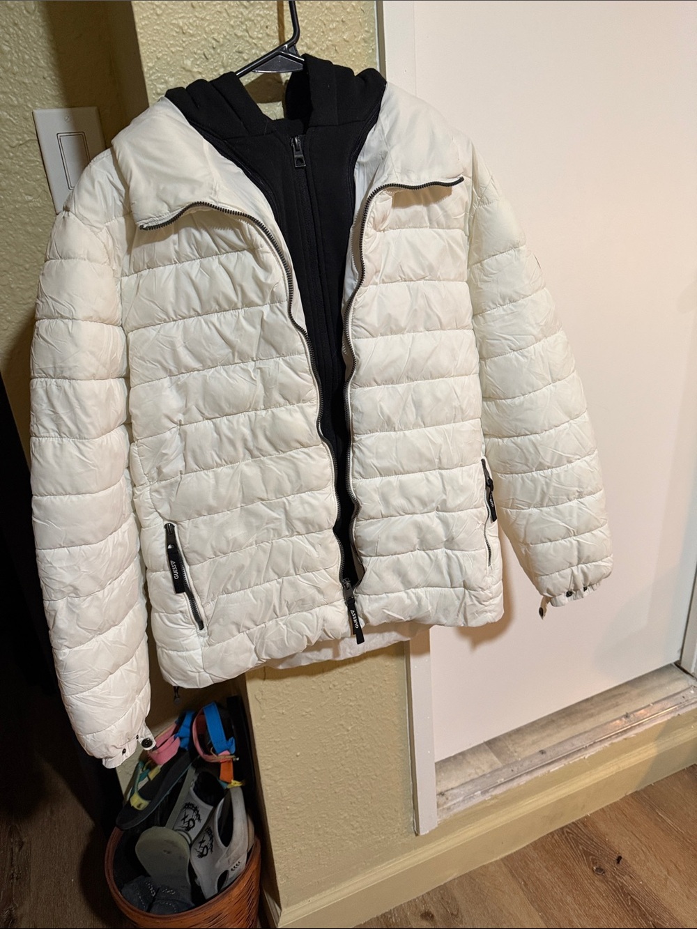 Guess White Quilted Jacket with Black Inner Hoodie removable